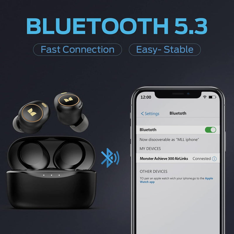 Monster Wireless Earbuds, Achieve 300 AirLinks Bluetooth Headphones Touch Control with Charging Case, Bluetooth Earbuds with Fast Charging for Sport