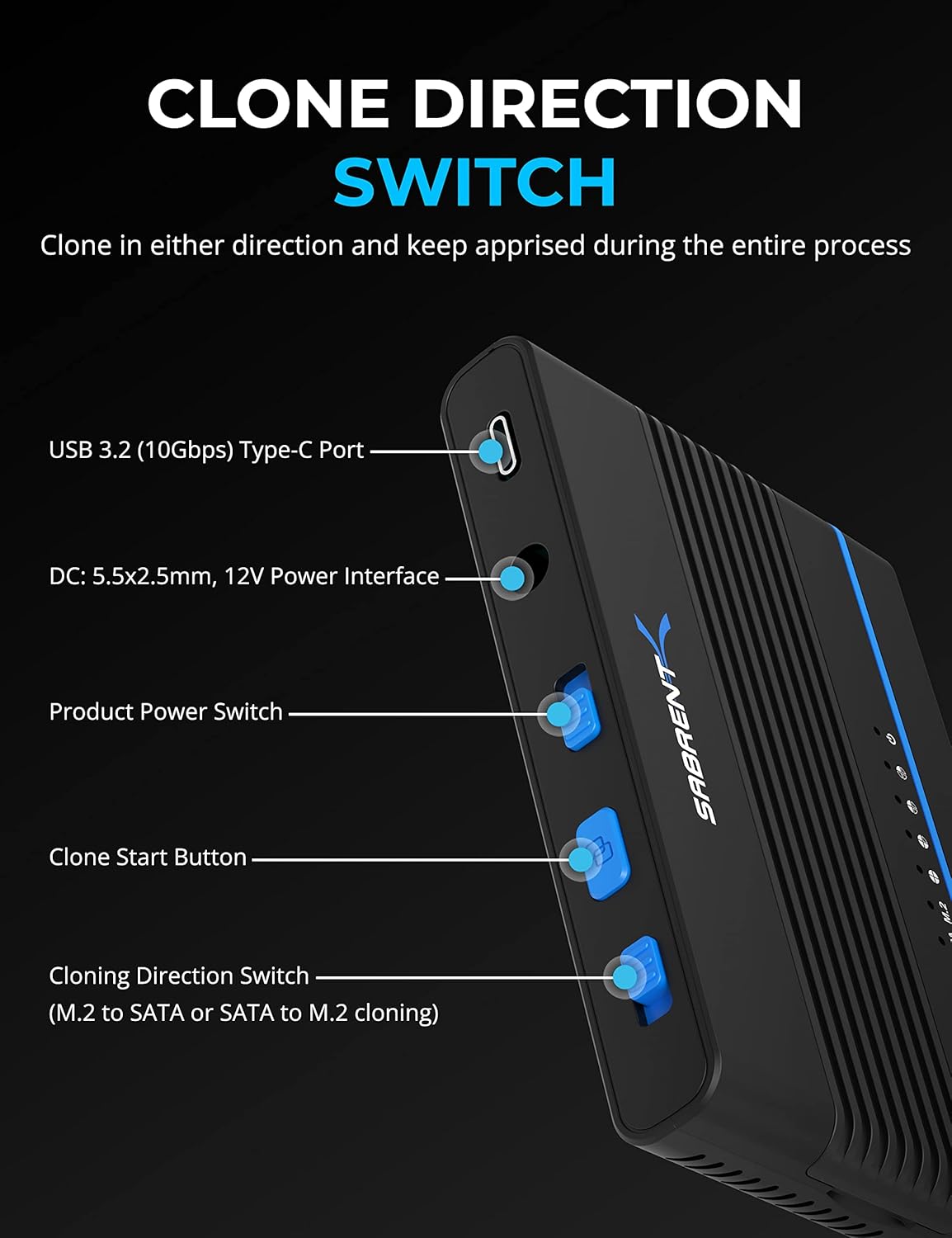 SABRENT M.2 SSD Enclosure, NVMe and SATA 2.5" 3.5" hard drive, SSD HDD M2 Converter, with Offline Cloning, USB 3.2 Type C, 2242, 2260, and 2280 Dock + Power Supply, USB C + A Cables Included (DS-UCMH)
