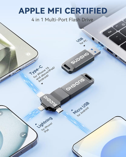 Photo Backup USB Flash Drive for Smartphones and Tablets, High-Speed Portable Memory Stick for Photos and Videos, Lightning-Compatible Multi-Device Storage, 256GB Black