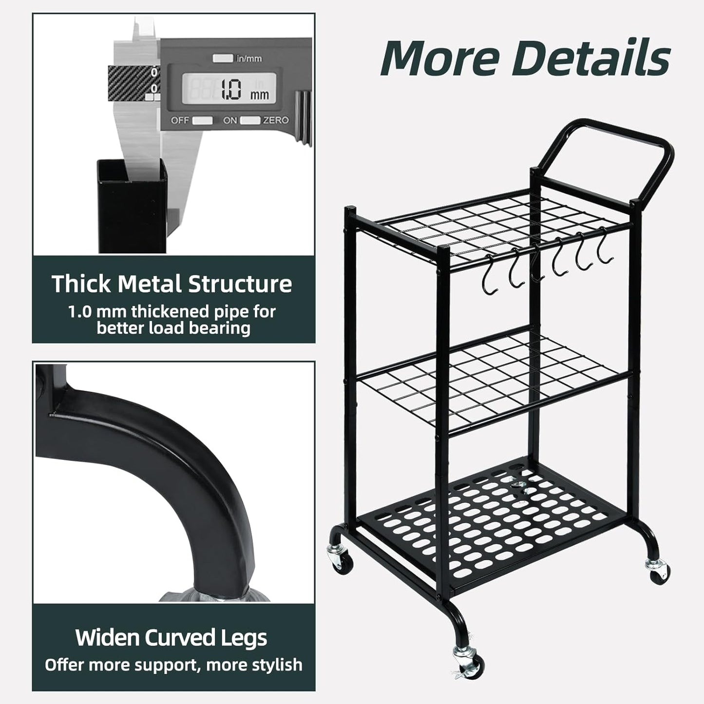 Garden Tool Organizer with Wheels, Garage Tool Storage and Organization with 6 Hooks, Steel Tool Rack Holds Up to 35 Long Handled Yard Tools for Garage, Shed, Basement
