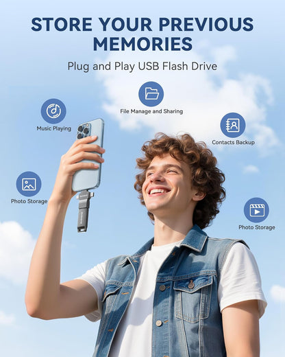 Photo Backup USB Flash Drive for Smartphones and Tablets, High-Speed Portable Memory Stick for Photos and Videos, Lightning-Compatible Multi-Device Storage, 256GB Black