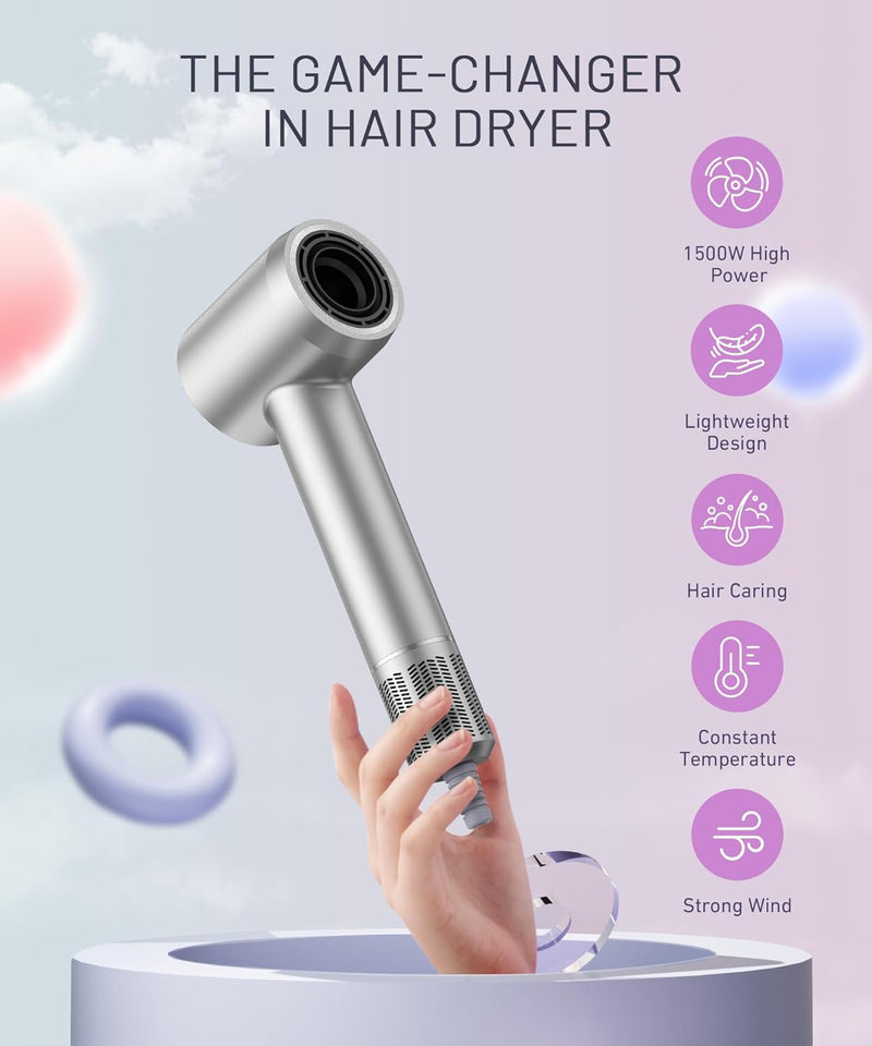 Hair Dryer - 150000 RPM High-Speed Brushless Motor Negative Ionic Blow Dryer for Fast Drying, Low Noise Thermo-Control Hair Dryer with Diffuser and Nozzle, Silvery