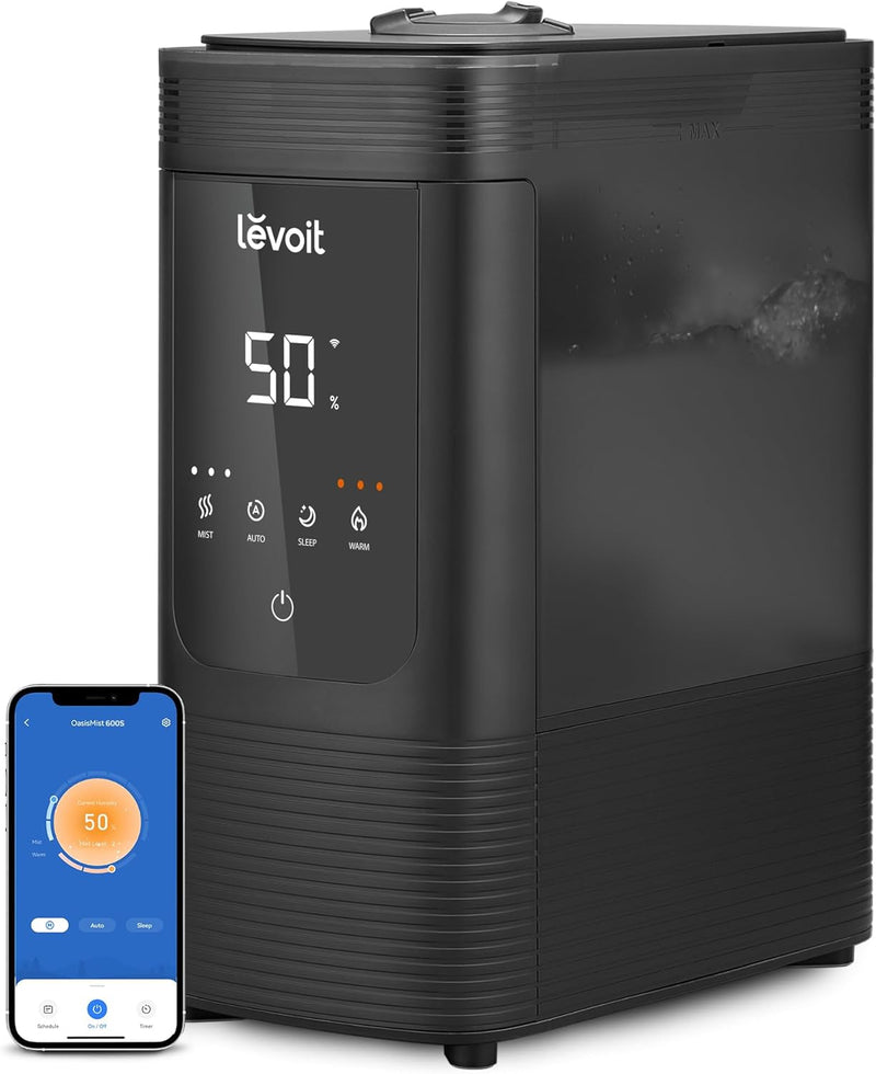 LEVOIT Humidifiers For Bedroom Large Room, 6L Smart Cool and Warm Mist Humidifier for Home, Auto Customized Humidity For Baby and Plant, Easy Top Fill, Essential Oil Diffuser, Whisper-Quiet