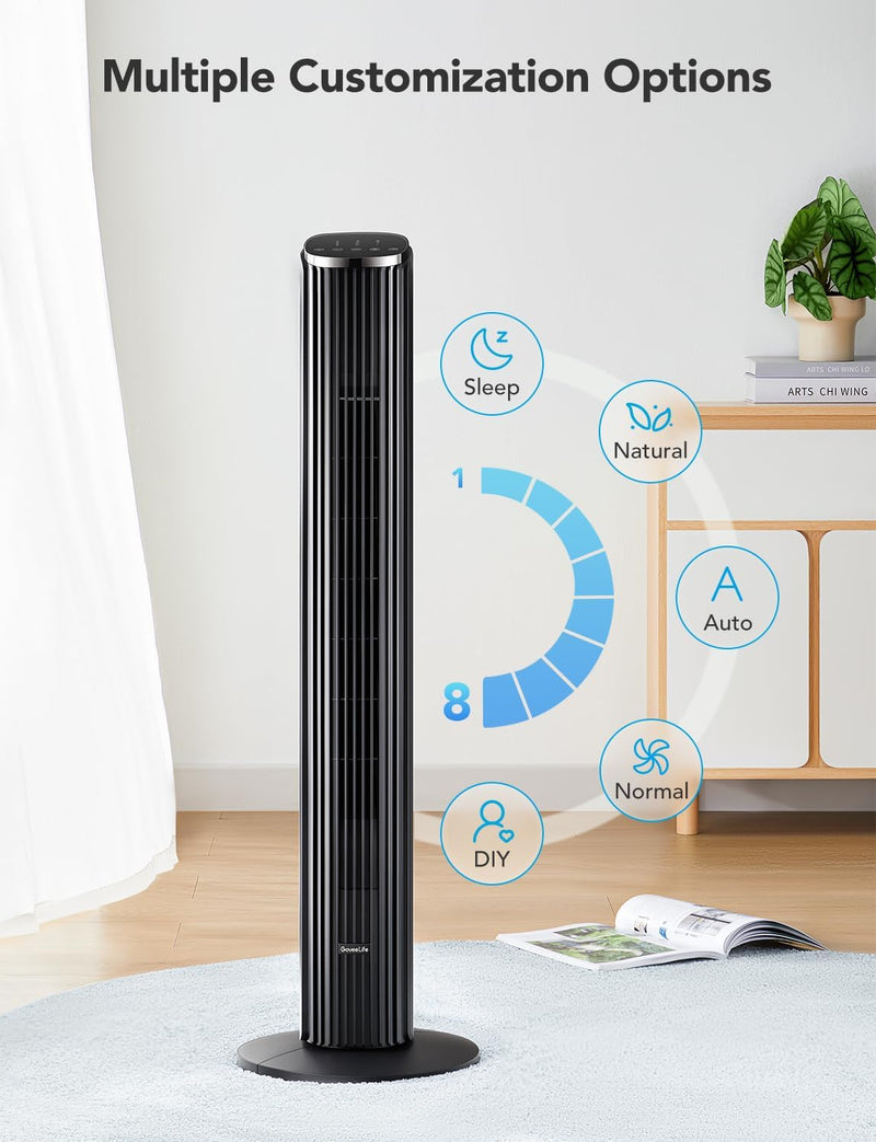 GoveeLife 36'' Smart Tower Fan for Bedroom, 75° Oscillating Floor Fans with Voice Remote, Temperature Auto 5 Modes 8 Speeds up to 25ft/s, 24H Timer, 29dB Quiet Cooling Standing Fan for Home Office