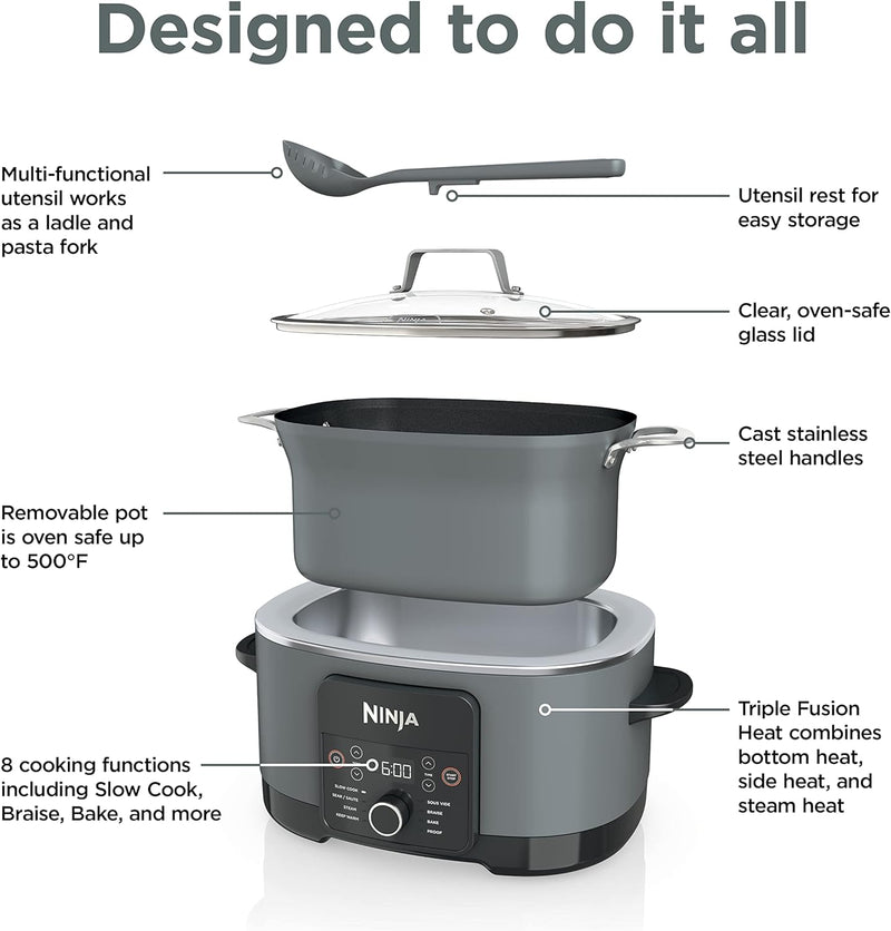 Ninja MC1001C Foodi PossibleCooker PRO 8.5 Quart Multi-Cooker, with 8-in-1 Slow Cooker,Dutch Oven,Steamer &More,Glass Lid & Integrated Spoon,Nonstick,Oven Safe Pot to 500°F,Sea Salt Gray,Sea Salt Grey