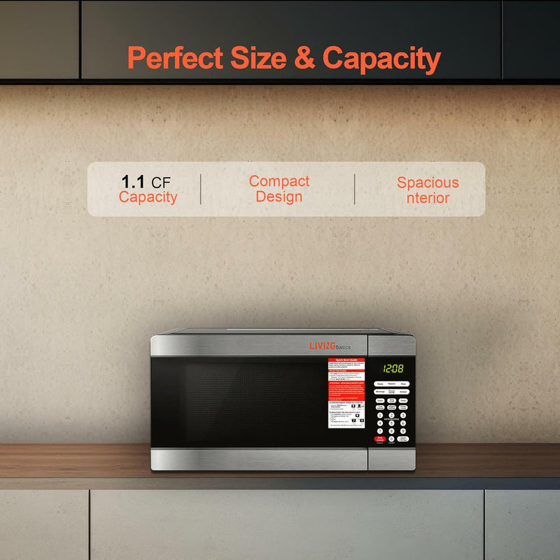 LIVINGbasics Countertop Microwave Oven, 1000W 1.1-Cu. Ft with LED Lighting, Safety Lock, Glass Turntable