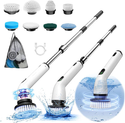 Cordless Electric Spin Scrubber – IPX7 Waterproof Electric Scrubber with 8 Replaceable Brush Heads & Adjustable Extension Handle