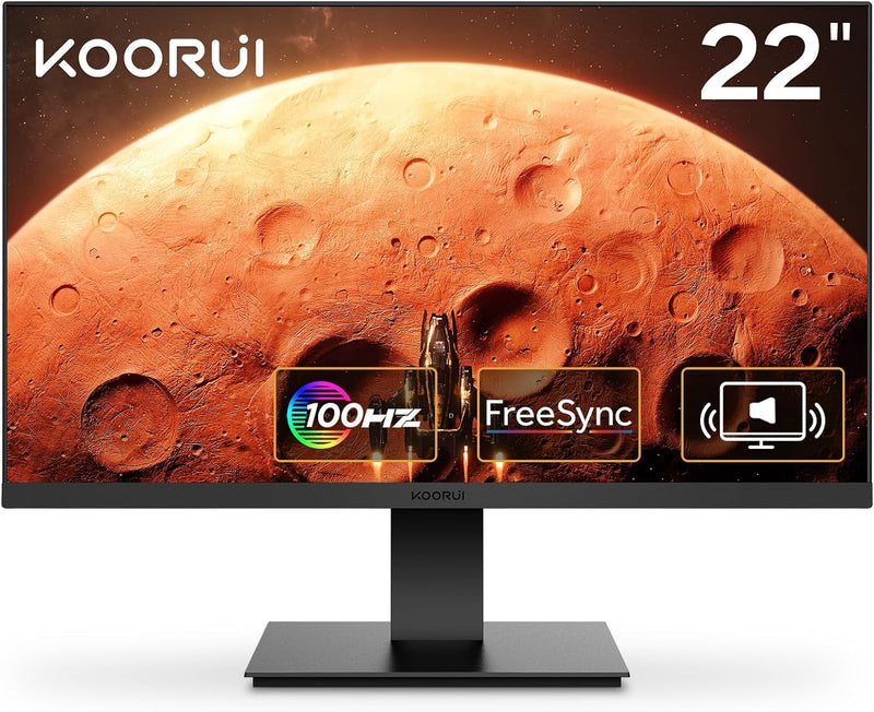 KOORUI 22 Inch Computer Gaming Monitor, FHD 1080P Desktop Display with 2 Speakers, 100HZ Ultra Thin Bezel/Eye Care/Ergonomic Tilt, HDMI VGA Ports LED Monitor for PC, VESA Mounting