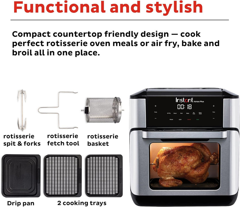 Instant Pot Vortex Plus 10QT Air Fryer Toaster Oven, 7-in-1, EvenCrisp Technology, Crisps, Broils, Bakes, Roasts, Dehydrates, Reheats & Rotisseries, Includes over 100 In-App Recipes, Stainless Steel