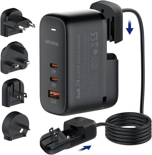 QENEQ GaN 65W USB C Charger 3 Port Fast Charging Block Travel Charger Wall Charger Universal Travel Adapter USA EU UK AU Plug Adapter for MacBook iPad Pro/Air iPhone 15 16 Samsung Laptop Steam Deck