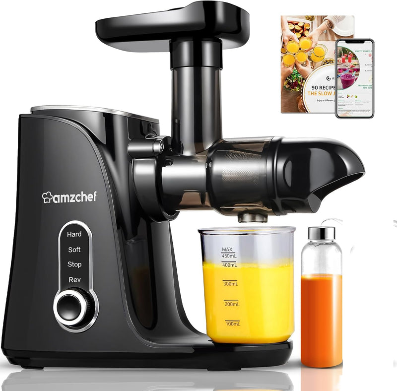 AMZCHEF Slow Juicer Machine - Cold Press Juicer with Two Speed Modes and LED Display - Masticating Juice Extractor with Travel Bottle and 2 Cups, Cleaning Brush - Black