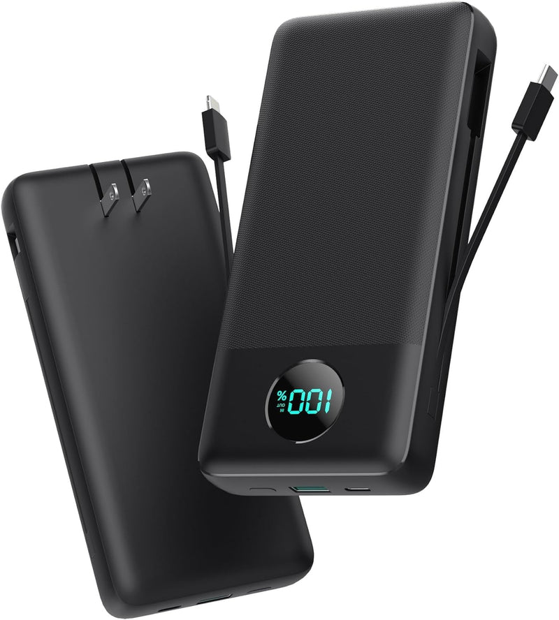 Portable Charger 33800mAh USB C Power Bank with Built-in Cables & AC Wall Plug,25W Fast Charging+QC 4.0 Phone Charger,4 Output LCD Display Battery Pack Compatible with iPhone16/15,Samsung (Black)