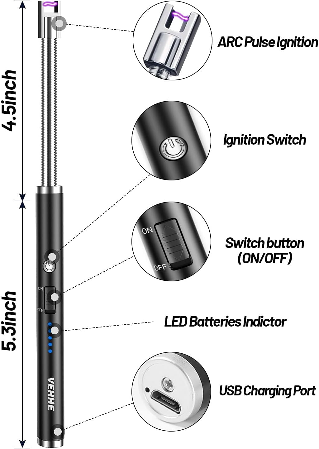 VEHHE Electric Lighter, USB Rechargeable Lighter with Long 360° Flexible Neck LED Display, Flameless and Windproof, for BBQ Camping Fireworks