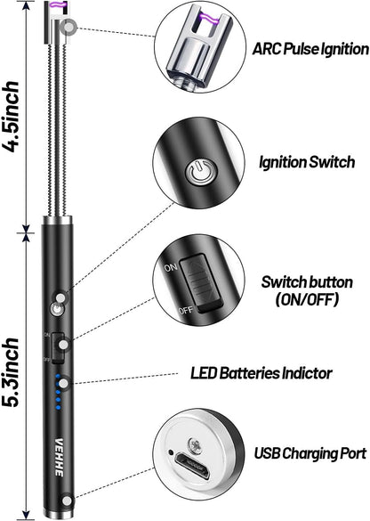 VEHHE Electric Lighter, USB Rechargeable Lighter with Long 360° Flexible Neck LED Display, Flameless and Windproof, for BBQ Camping Fireworks