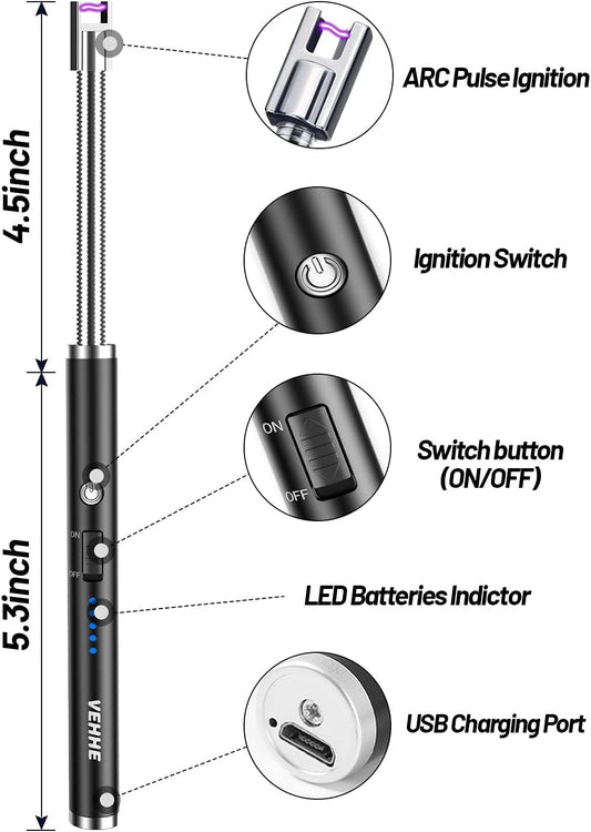 VEHHE Electric Lighter, USB Rechargeable Lighter with Long 360° Flexible Neck LED Display, Flameless and Windproof, for BBQ Camping Fireworks - PuriLite