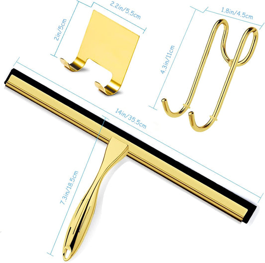 Shower Squeegee for Glass Doors, 14 Inches Bathroom Squeegee with Spare Silicone Blade, Shower Door Hook and Adhesive Hook, Stainless Steel Bathroom Squeegee for Mirror Window Kitchen (Gold-1 Pack) - PuriLite