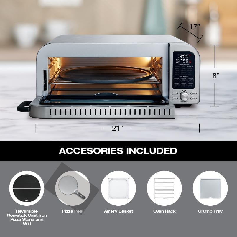 Salton Pizzadesso – 800°F/430°C Pizza Oven & Air Fryer Combo | 15-in-1 Toaster Oven w/Cast Iron Stone | Cooks Pizza, Steak, Wings & More | Stainless Steel | 18L | Includes Pizza Peel Accessory