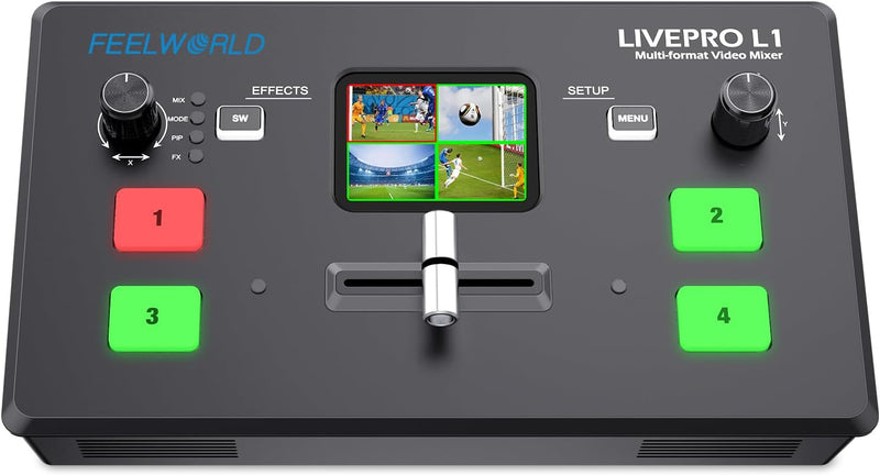 FEELWORLD LIVEPRO L1 V1 Multi Camera Video Mixer Switcher 2 Inch LCD Display 4 x HDMI Inputs USB 3.0 Output Format Real Time Production Live Streaming Lightweight