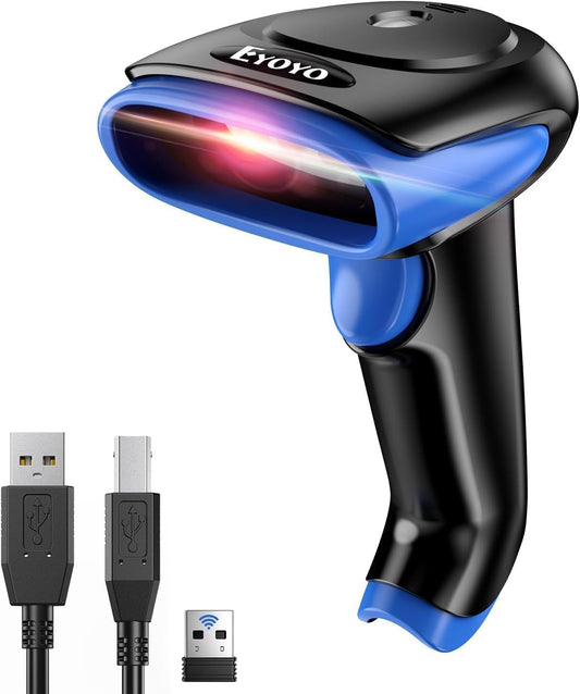 Eyoyo 2D Bluetooth Barcode Scanner Wireless, 2500mAh Handheld Cordless USB Wired QR Bar Code Reader for Library, Warehouse Inventory Compatible with iPad, Android Phone, iPhone, Laptop