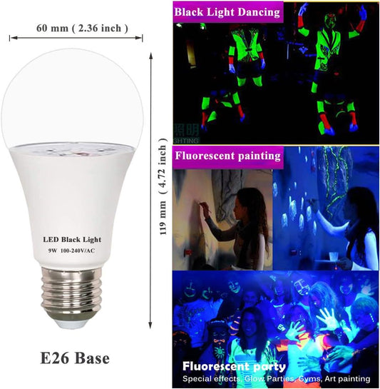 9W LED Black Light Bulbs, Replace 75W Blacklight Bulb, E26 Base UVA Level 395-400nm, Glow in The Dark UV Bulb for Body Paints, Birthday Party, Fluorescent Posters, Club, Neon Posters, 3 Pack