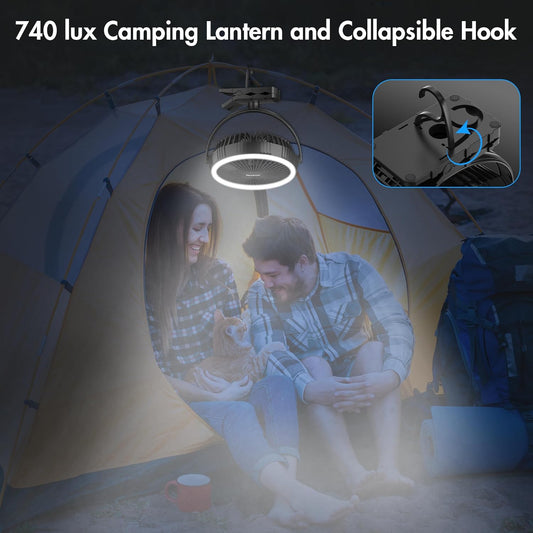 Rechargeable Camping Fan, Battery Operated with Timer, Powerful Airflow Portable Fan, Strong Clip with Light & Hook for Camping Outdoor Travel BBQ Hurricane Power Outage