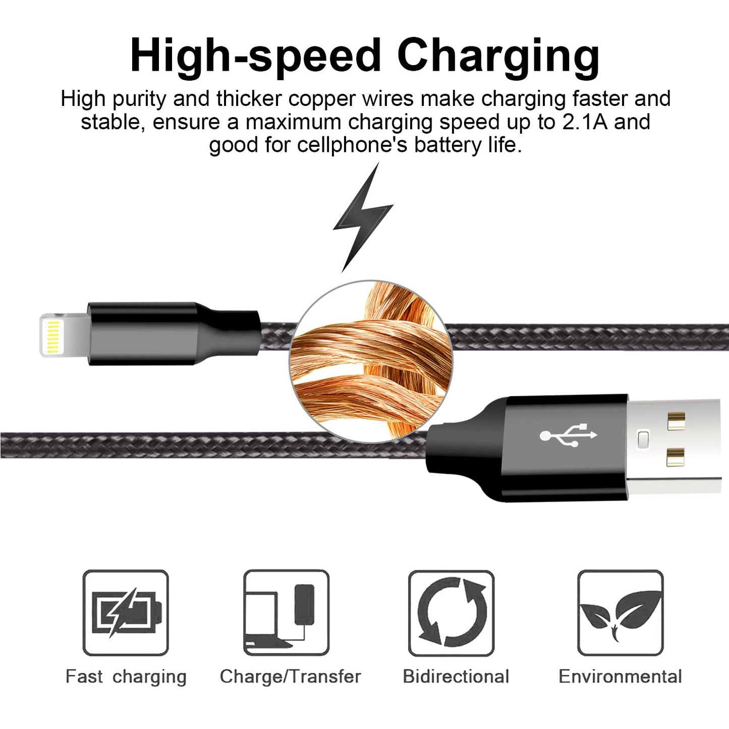 iPhone Charger, 5 Pack 3/3/6/6/10FT Apple MFi Certified USB Lightning Cable Nylon Braided Fast Charging Cord Compatible for iPhone 14/13/12/11/X/Max/8/7/6/5/SE/Plus/iPad - Black