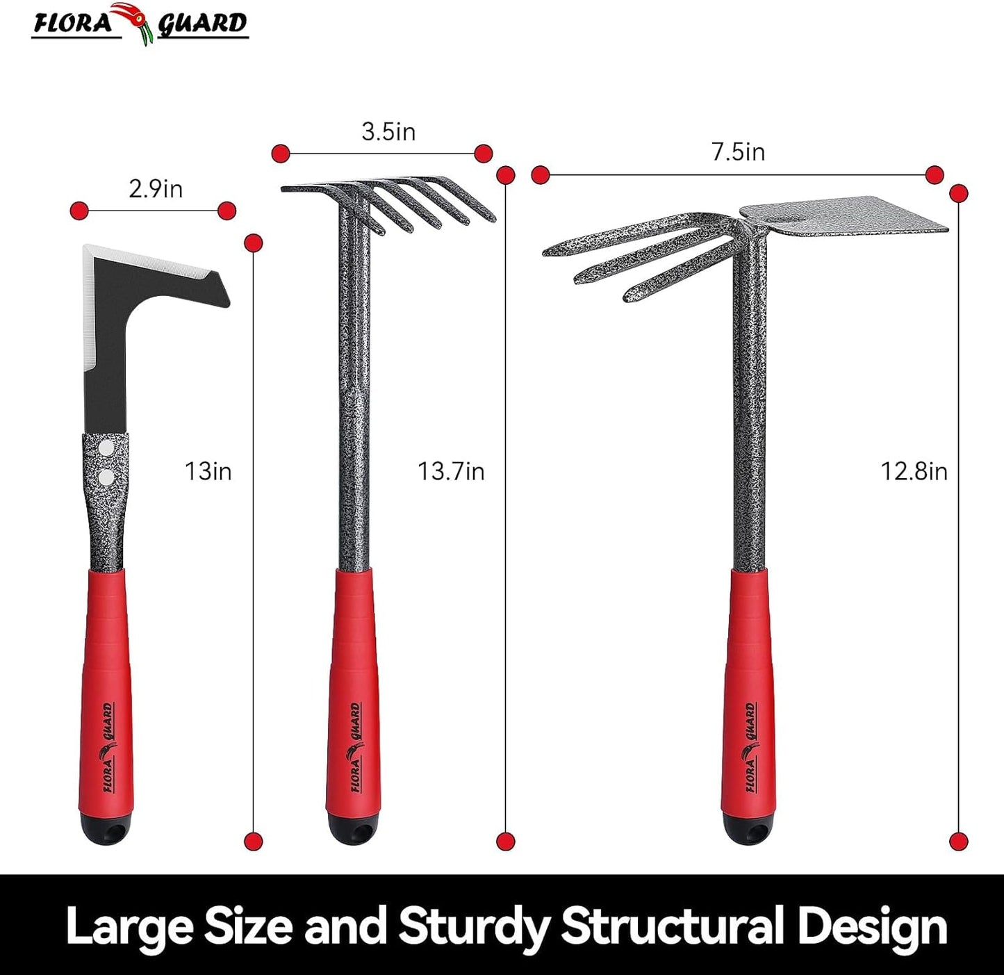 6 Piece Garden Tool Sets - Including Trowel,5-Teeth rake,9-Teeth Leaf rake,Double Hoe 3 prongs, Cultivator, Weeder, Gardening Hand Tools with High Carbon Steel Heads