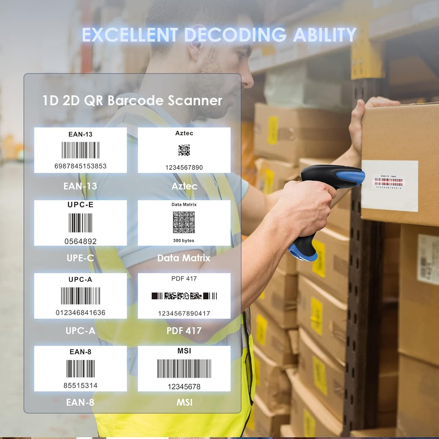 Eyoyo 2D Bluetooth Barcode Scanner Wireless, 2500mAh Handheld Cordless USB Wired QR Bar Code Reader for Library, Warehouse Inventory Compatible with iPad, Android Phone, iPhone, Laptop