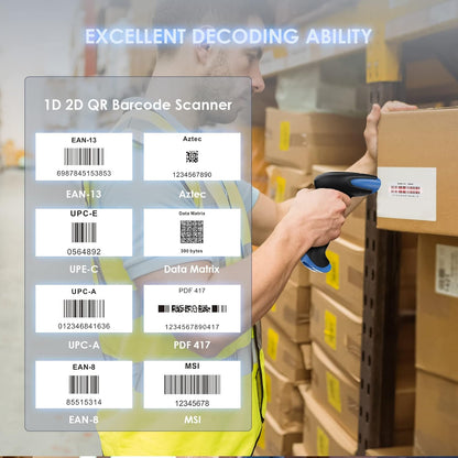 Eyoyo 2D Bluetooth Barcode Scanner Wireless, 2500mAh Handheld Cordless USB Wired QR Bar Code Reader for Library, Warehouse Inventory Compatible with iPad, Android Phone, iPhone, Laptop