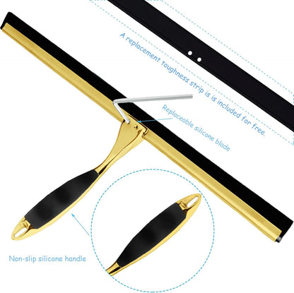 Shower Squeegee for Glass Doors, 14 Inches Bathroom Squeegee with Spare Silicone Blade, Shower Door Hook and Adhesive Hook, Stainless Steel Bathroom Squeegee for Mirror Window Kitchen (Gold-1 Pack)