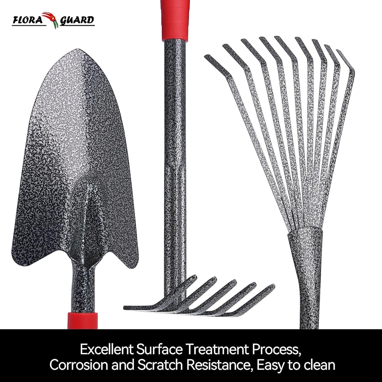 6 Piece Garden Tool Sets - Including Trowel,5-Teeth rake,9-Teeth Leaf rake,Double Hoe 3 prongs, Cultivator, Weeder, Gardening Hand Tools with High Carbon Steel Heads