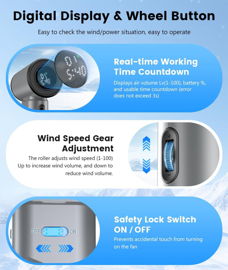 Portable Fan - High Speeds Mini Turbo Handheld Fans with Digital Display - Rechargeable Battery Powered Fan - Fan for Travel, Camping Essentials, Gifts for Men, Women