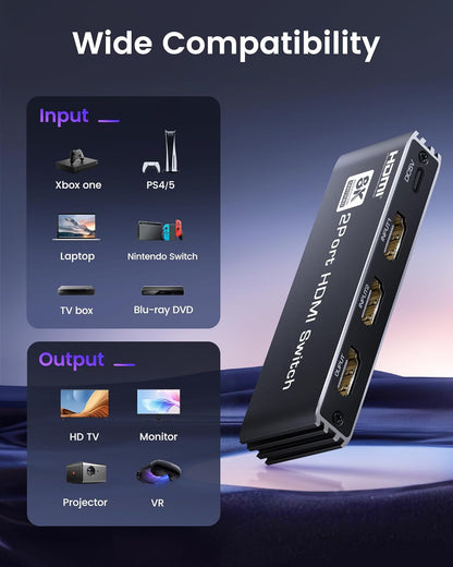 avedio links HDMI 2.1 Switch 4K@120Hz with Remote, 8K@60Hz Bi-Directional HDMI Switcher, Aluminum HDMI Splitter 2 in 1 Out Ultra HD HDR Compatible with PS5 Xbox Fire Stick and More (Black)
