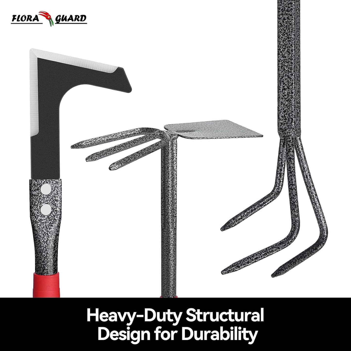 6 Piece Garden Tool Sets - Including Trowel,5-Teeth rake,9-Teeth Leaf rake,Double Hoe 3 prongs, Cultivator, Weeder, Gardening Hand Tools with High Carbon Steel Heads