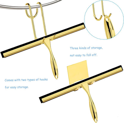 Shower Squeegee for Glass Doors, 14 Inches Bathroom Squeegee with Spare Silicone Blade, Shower Door Hook and Adhesive Hook, Stainless Steel Bathroom Squeegee for Mirror Window Kitchen (Gold-1 Pack)