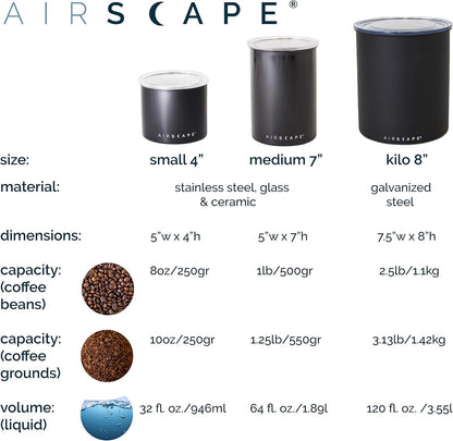 Airscape Stainless Steel Coffee Canister | Food Storage Container | Patented Airtight Lid | Push Out Excess Air Preserve Food Freshness (Matte Black, Small)
