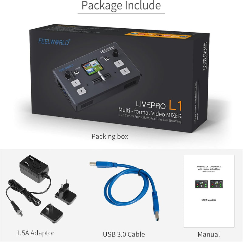 FEELWORLD LIVEPRO L1 V1 Multi Camera Video Mixer Switcher 2 Inch LCD Display 4 x HDMI Inputs USB 3.0 Output Format Real Time Production Live Streaming Lightweight