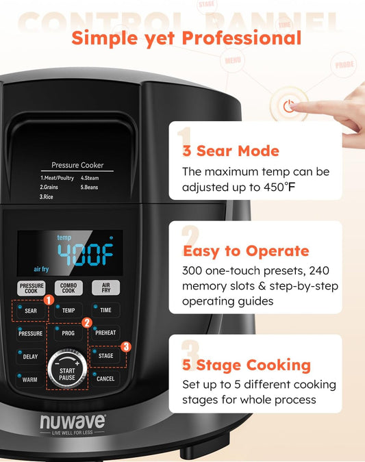 Nuwave Duet Air Fryer and Electric Pressure Cooker Combo with 2 Switchable Lids, 300 FoolProof One-Touch Presets, Crisp&Tender Tech, 6QT Heavy-duty Stainless Steel Pot, 15+ Safety Features - PuriLite