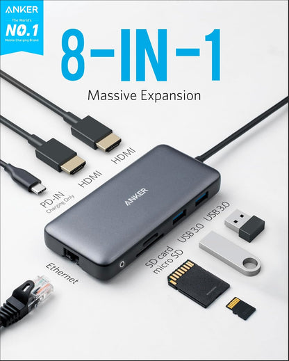 Anker 553 USB-C Hub, 8-in-1 USB C Dock, Dual 4K HDMI USB C to USB Adapter, 1 Gbps Ethernet USB Hub, 100W Power Delivery, SD Card Reader for MacBook Pro, XPS and More