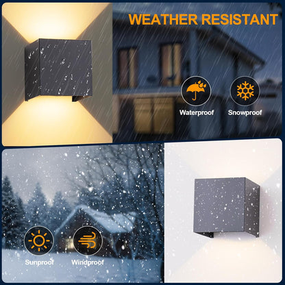 2 Pack Outdoor Wall Lights Exterior/Interior LED Wall Sconces IP65 Waterproof Square Aluminum Wall Lamps Outdoor Lighting Fixture Up and Down Lights Modern Black 12W 3000K Warm Lights