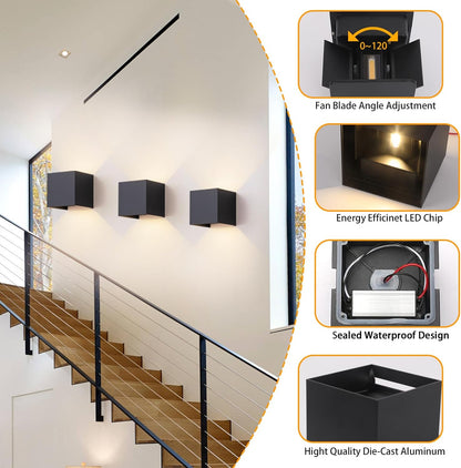 2 Pack Outdoor Wall Lights Exterior/Interior LED Wall Sconces IP65 Waterproof Square Aluminum Wall Lamps Outdoor Lighting Fixture Up and Down Lights Modern Black 12W 3000K Warm Lights
