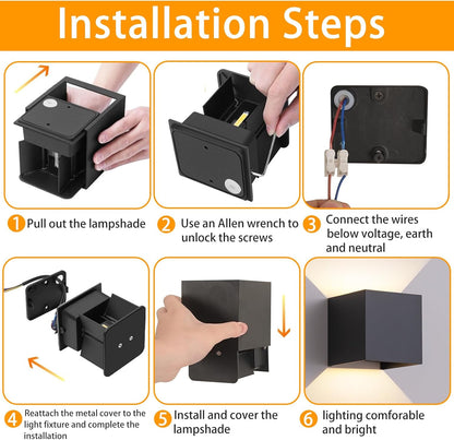 2 Pack Outdoor Wall Lights Exterior/Interior LED Wall Sconces IP65 Waterproof Square Aluminum Wall Lamps Outdoor Lighting Fixture Up and Down Lights Modern Black 12W 3000K Warm Lights