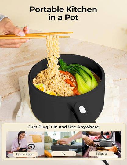 CERAMAX Electric Hot Pot with Lid and Steamer, 1.5L Ceramic Hot Pot Electric Skillet, Ramen Cooker, Portable Nonstick Hotpot Pot Electric Cooker Frying Pan for Dorm Room Essentials, Camping, RVs, Work