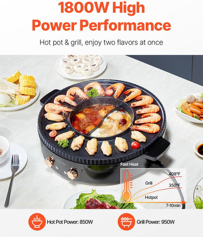 VEVOR Hot Pot with Grill, 1800W 2-in-1 Electric Smokeless Grill and Hot Pot, Korean BBQ Shabu Shabu Hotpot with Separate Dual Temperature Control, Non-Stick Pan, for 2-8 People Family Dining