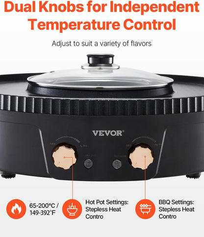 VEVOR Hot Pot with Grill, 1800W 2-in-1 Electric Smokeless Grill and Hot Pot, Korean BBQ Shabu Shabu Hotpot with Separate Dual Temperature Control, Non-Stick Pan, for 2-8 People Family Dining