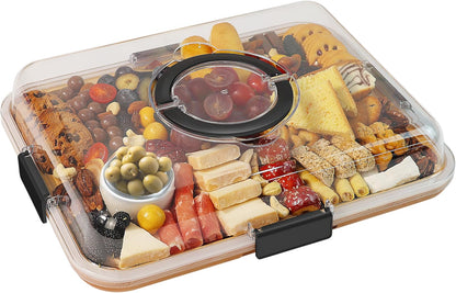 Portable Charcuterie Board with Clear Lid, Bamboo Cheese Board with 6 Compartments, Travel Snack Tray for Picnics, Parties, and Housewarming Gifts