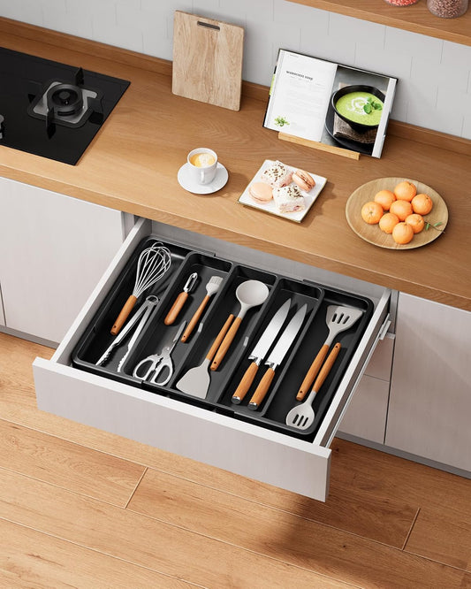 Expandable Cutlery Drawer Organizer with 5 Compartments, Adjustable Large Utensil Tray for Kitchen Drawers, Black Flatware Organizer for Home and Apartment Essentials - PuriLite