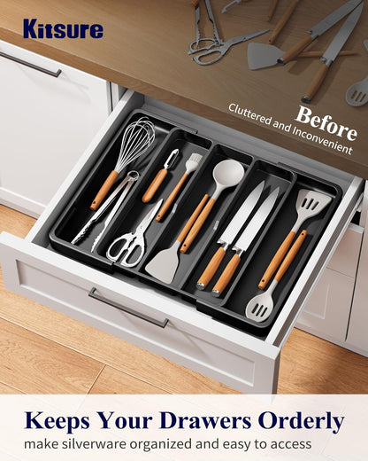 Expandable Cutlery Drawer Organizer with 5 Compartments, Adjustable Large Utensil Tray for Kitchen Drawers, Black Flatware Organizer for Home and Apartment Essentials