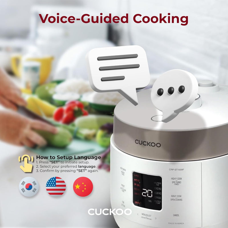 CUCKOO CRP-ST1009FW 10-Cup (Uncooked) / 20-Cup (Cooked) Twin Pressure Rice Cooker & Warmer with Nonstick Inner Pot, 16 Menu Options, 3 Voice Guide, Auto Clean (White)