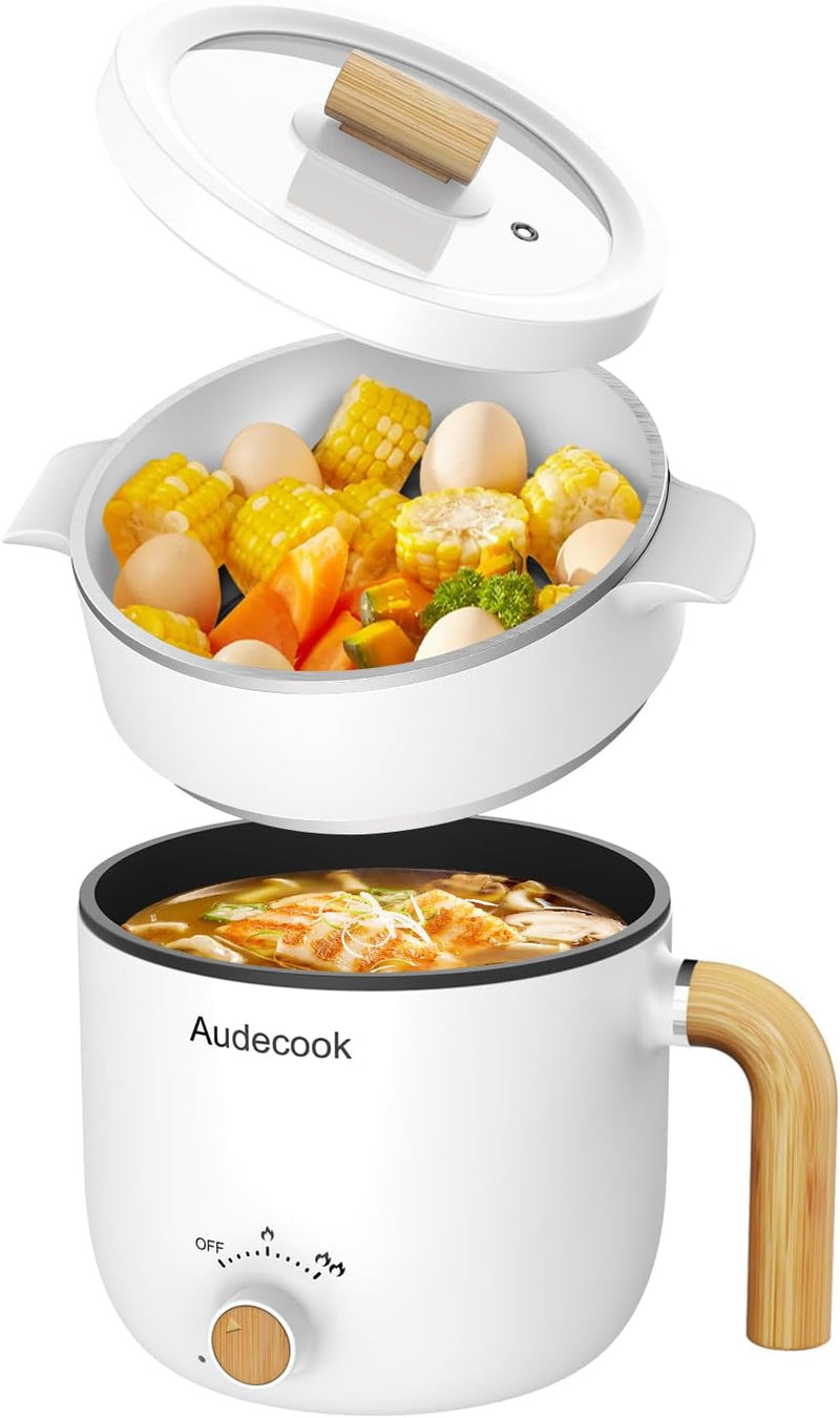 Audecook Hot Pot Electric with Steamer, 1.5L Portable Non-Stick Mini Rapid Ramen Cooker, Travel Multifunctional Electric Skillet with Dual Power Control for Pasta/Soup/Steak/Egg/Oatmeal (White)